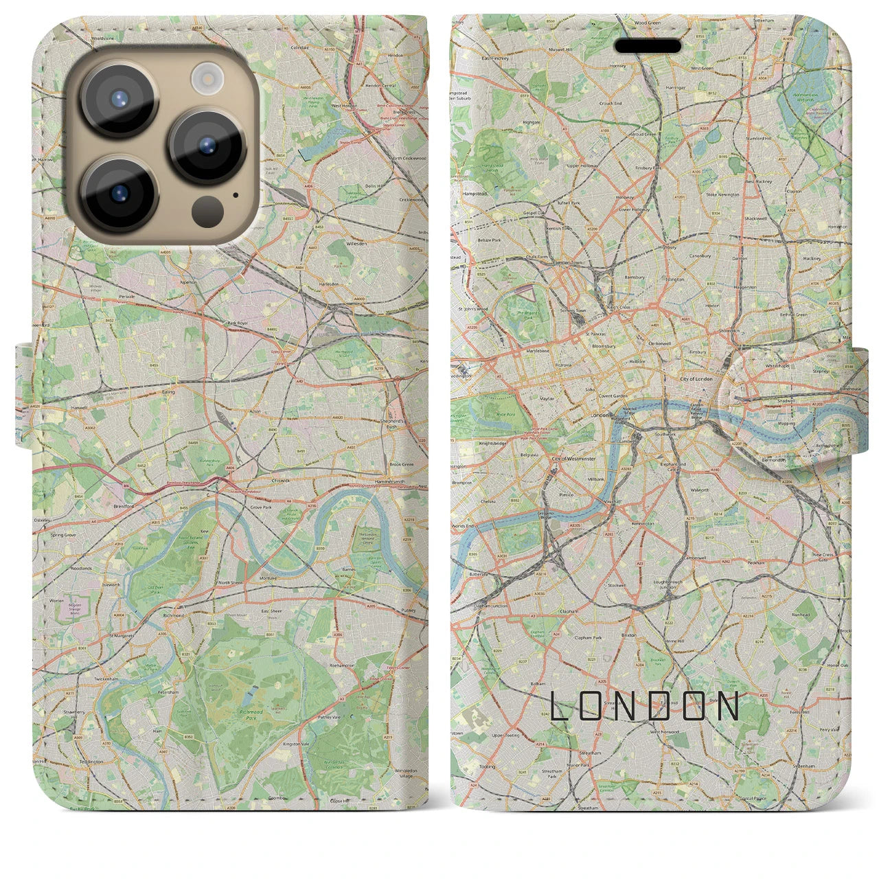 【ロンドン(イギリス)】地図柄iPhoneケース(手帳タイプ)ナチュラル・iPhone 14 Pro Max 用