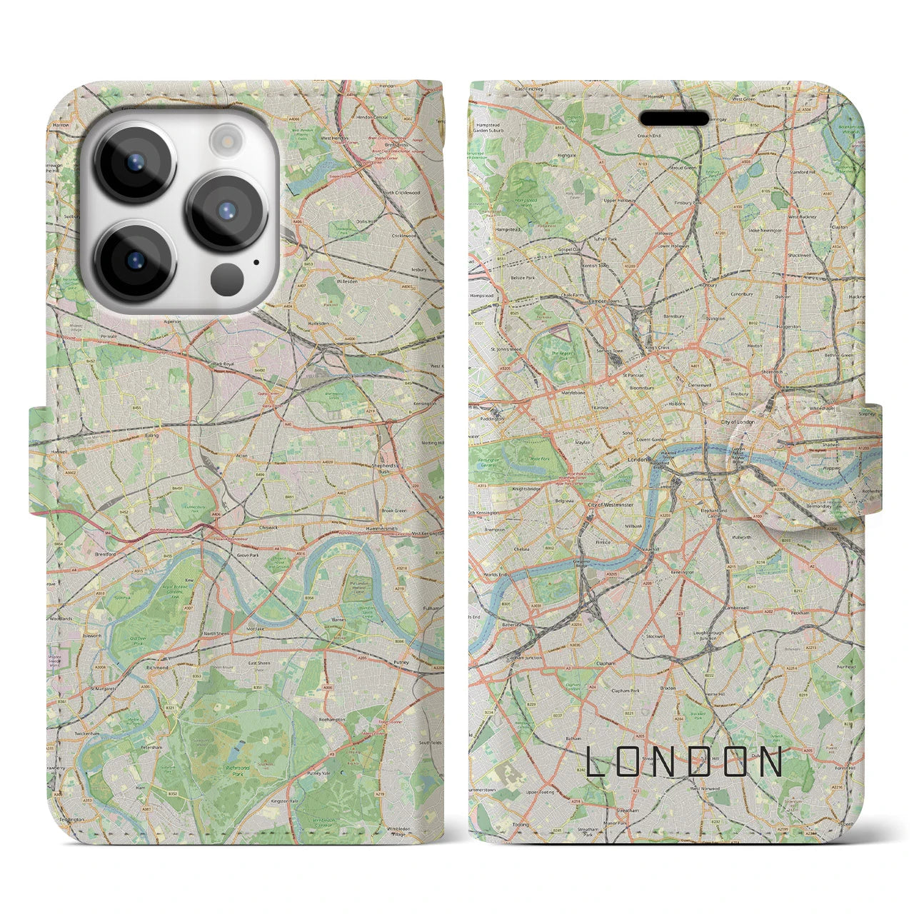 【ロンドン(イギリス)】地図柄iPhoneケース(手帳タイプ)ナチュラル・iPhone 14 Pro 用