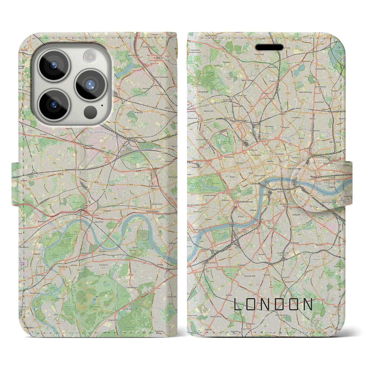 【ロンドン(イギリス)】地図柄iPhoneケース(手帳タイプ)ナチュラル・iPhone 15 Pro 用