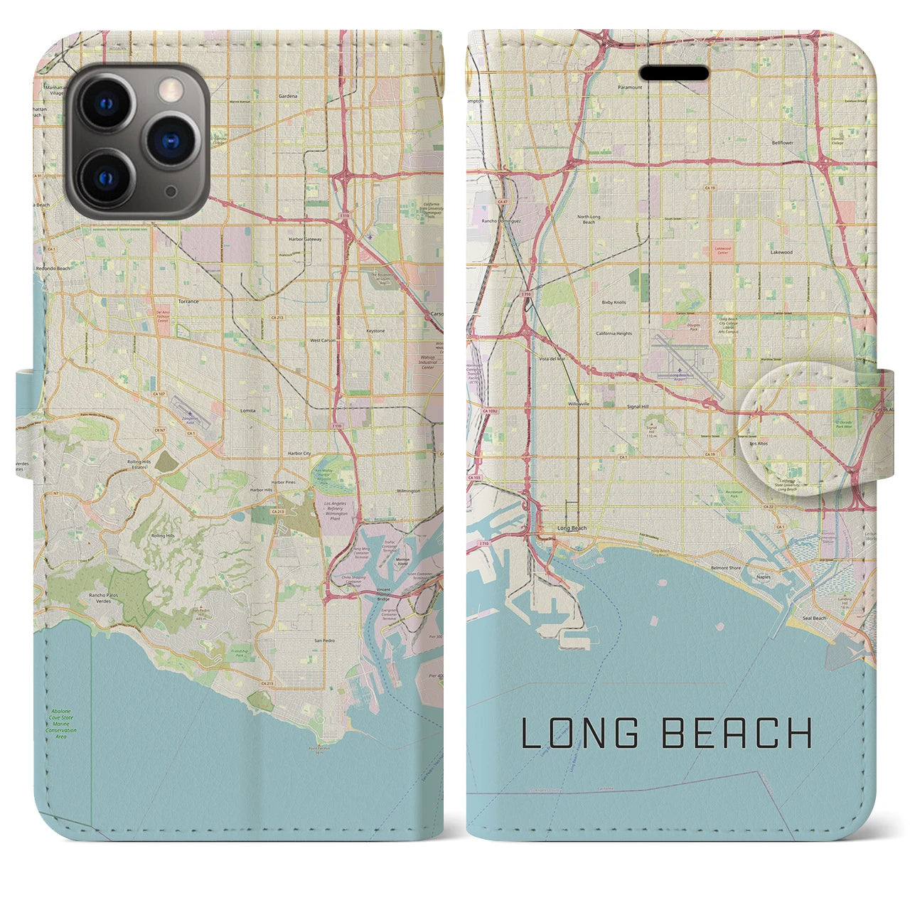 【ロングビーチ(アメリカ)】地図柄iPhoneケース(手帳タイプ)ナチュラル・iPhone 11 Pro Max 用