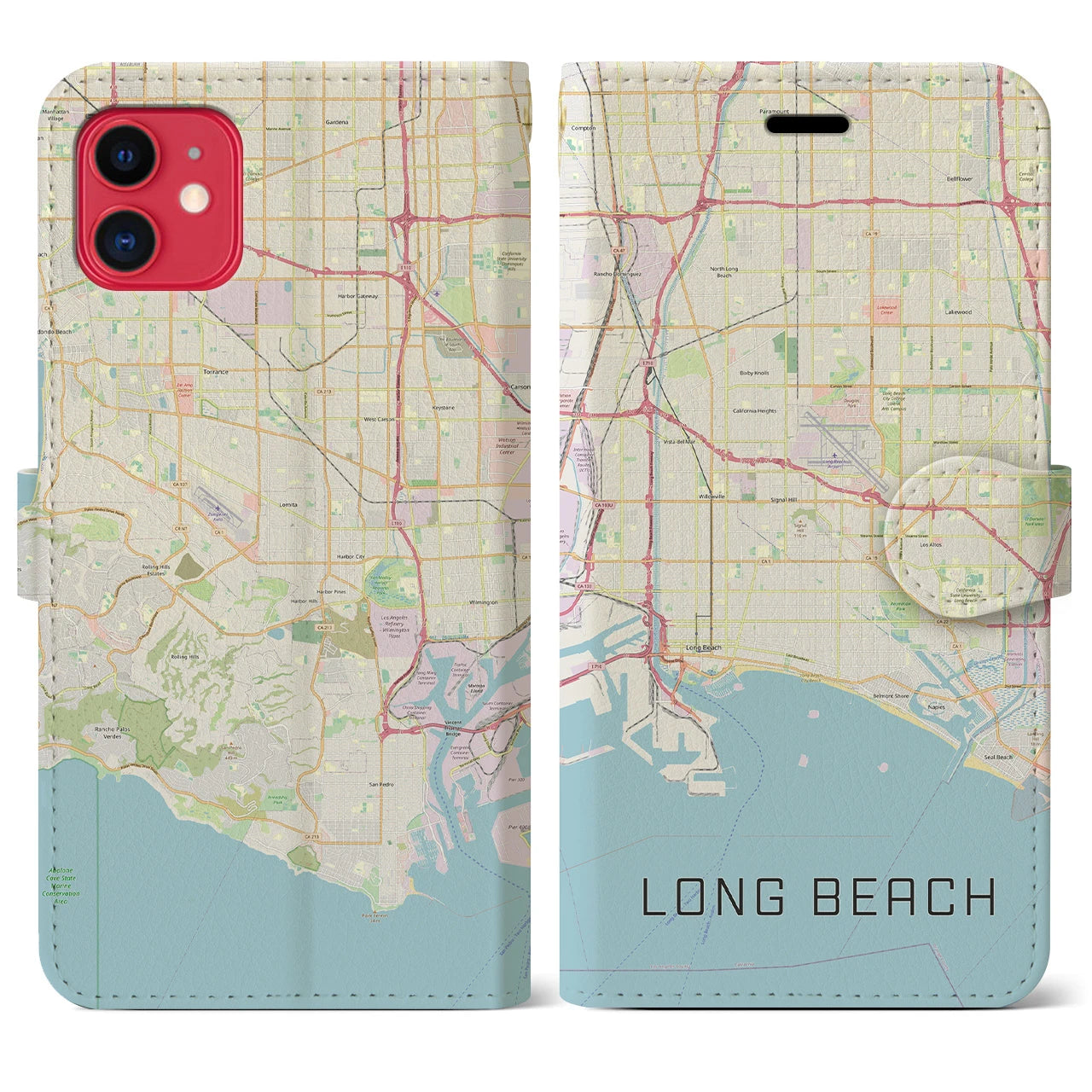 【ロングビーチ(アメリカ)】地図柄iPhoneケース(手帳タイプ)ナチュラル・iPhone 11 用