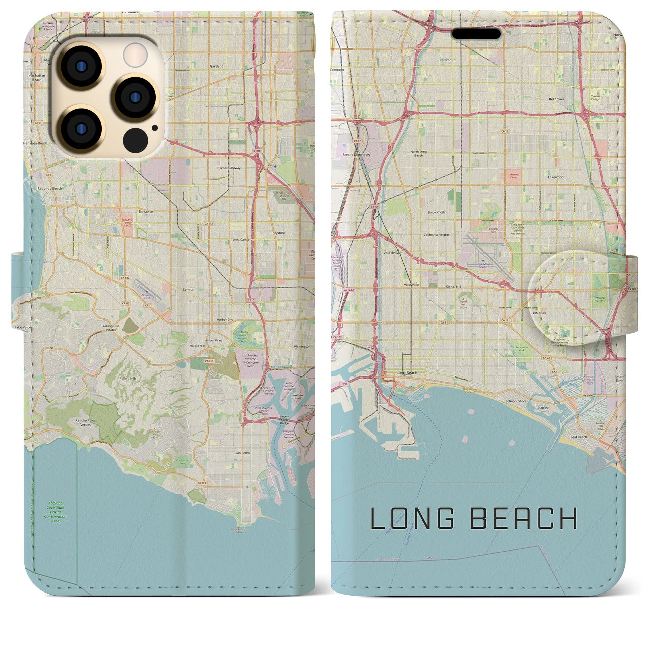 【ロングビーチ(アメリカ)】地図柄iPhoneケース(手帳タイプ)ナチュラル・iPhone 12 Pro Max 用