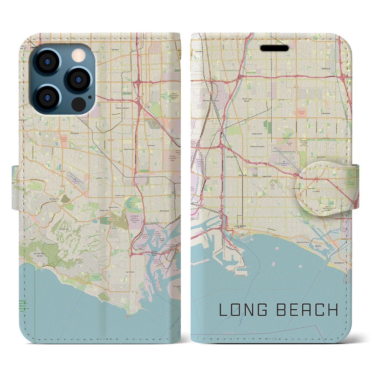 【ロングビーチ(アメリカ)】地図柄iPhoneケース(手帳タイプ)ナチュラル・iPhone 12 / 12 Pro 用