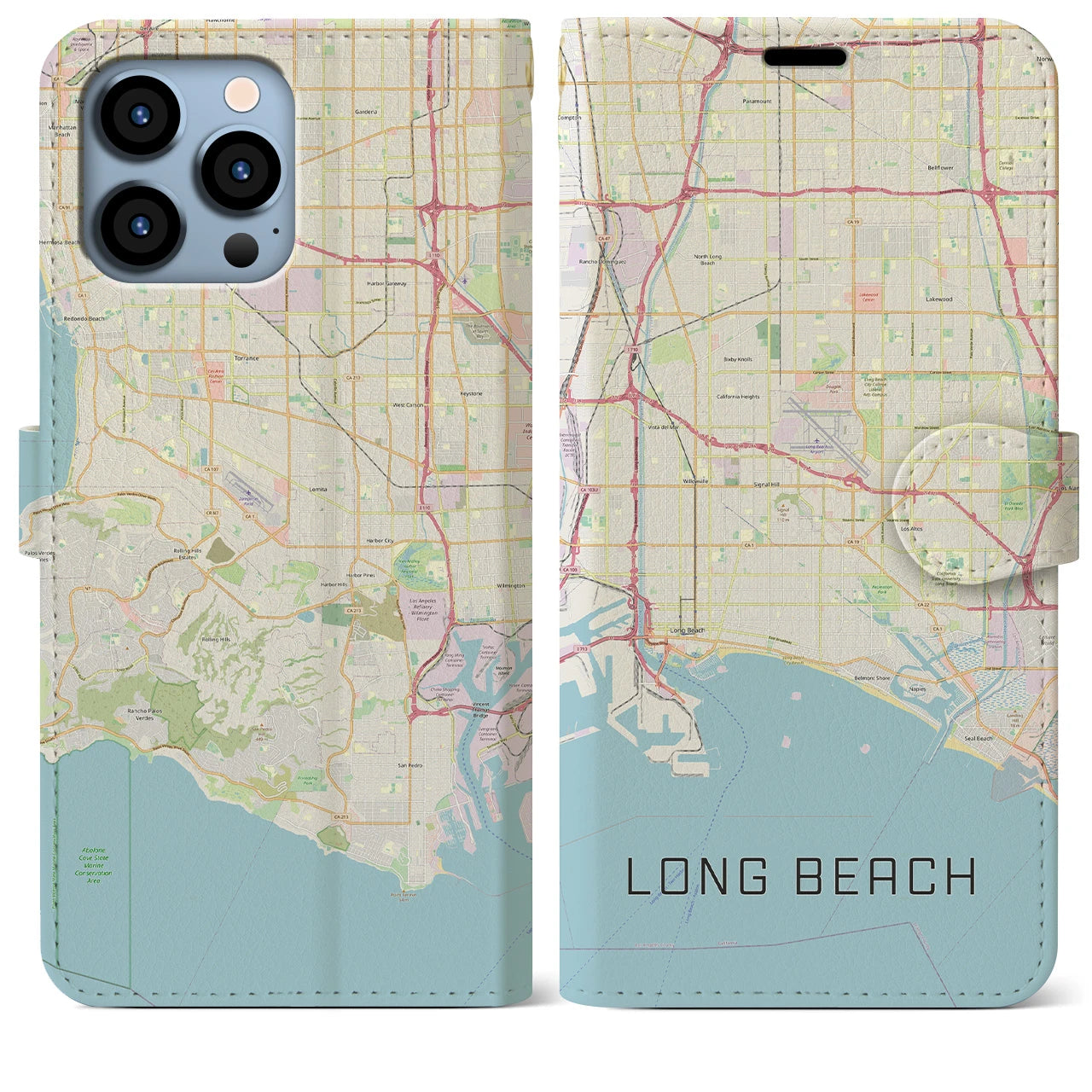 【ロングビーチ(アメリカ)】地図柄iPhoneケース(手帳タイプ)ナチュラル・iPhone 13 Pro Max 用
