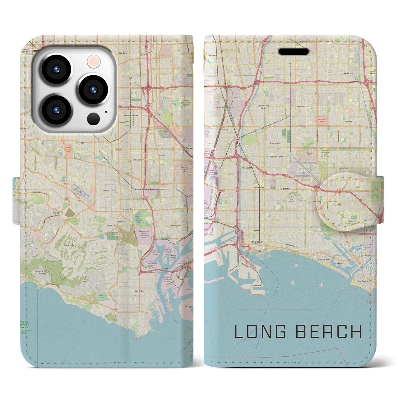 【ロングビーチ(アメリカ)】地図柄iPhoneケース(手帳タイプ)ナチュラル・iPhone 13 Pro 用
