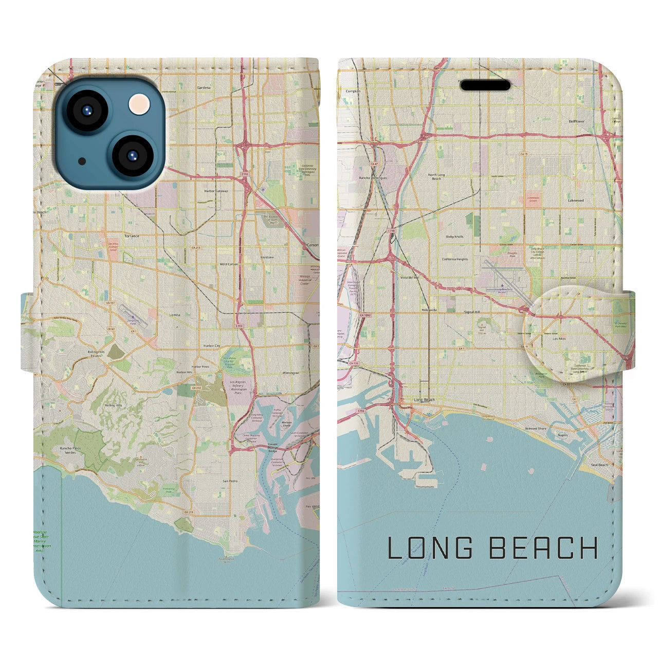 【ロングビーチ(アメリカ)】地図柄iPhoneケース(手帳タイプ)ナチュラル・iPhone 13 用