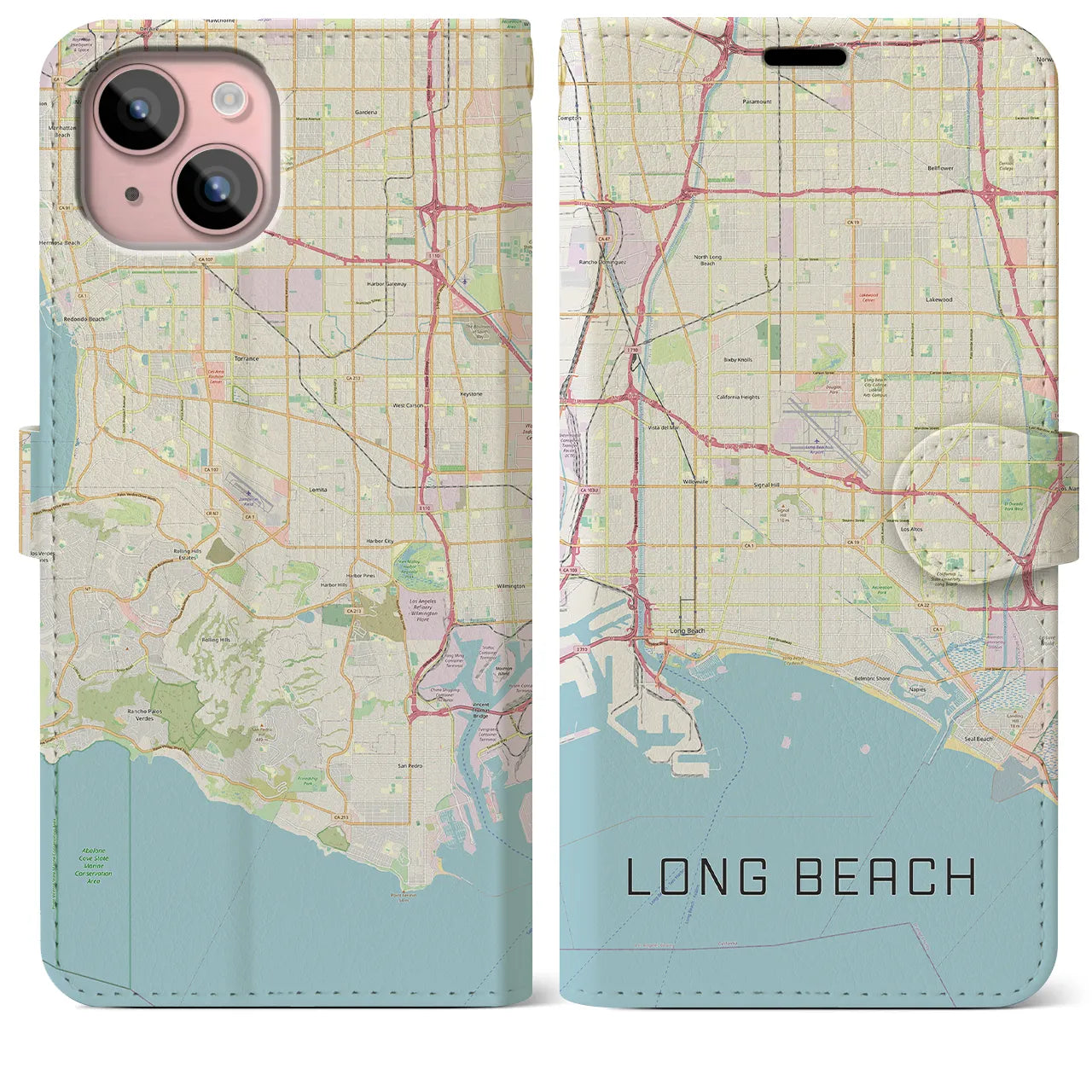【ロングビーチ(アメリカ)】地図柄iPhoneケース(手帳タイプ)ナチュラル・iPhone 15 Plus 用