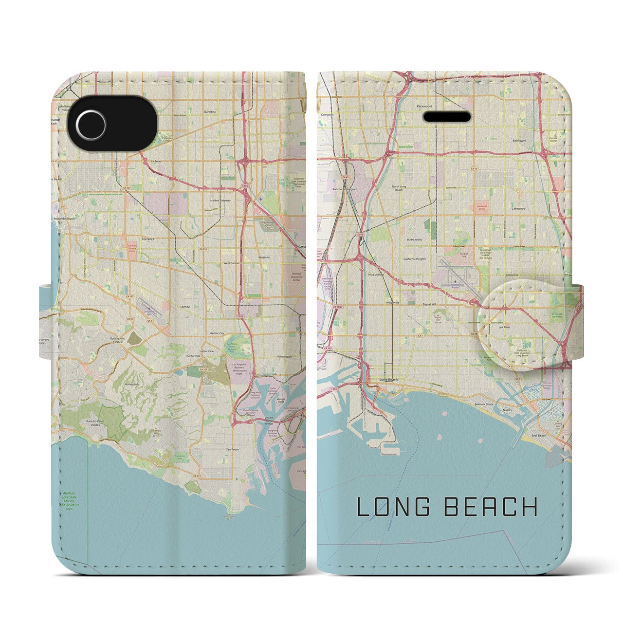 【ロングビーチ(アメリカ)】地図柄iPhoneケース(手帳タイプ)ナチュラル・iPhone SE(第3 / 第2世代) / 8 / 7 / 6s / 6 用