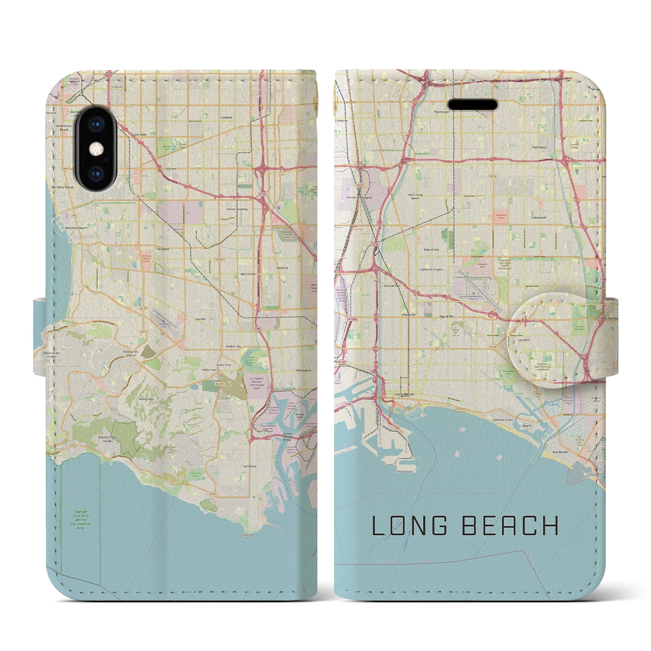 【ロングビーチ(アメリカ)】地図柄iPhoneケース(手帳タイプ)ナチュラル・iPhone XS / X 用