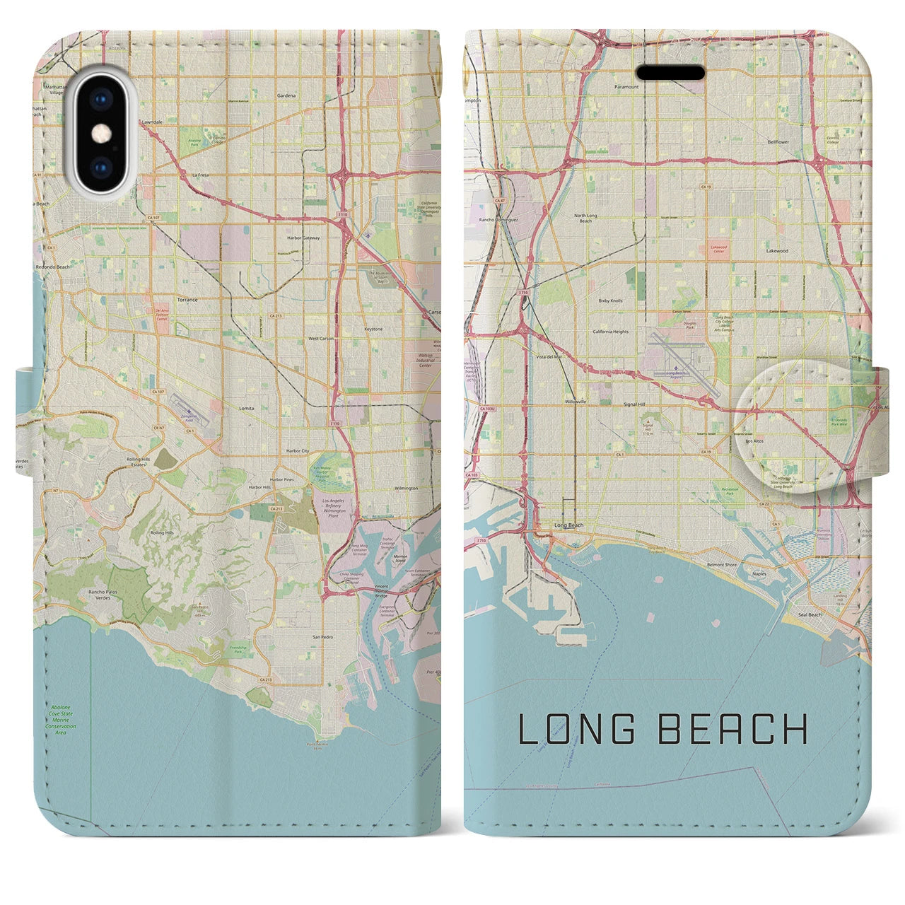 【ロングビーチ(アメリカ)】地図柄iPhoneケース(手帳タイプ)ナチュラル・iPhone XS Max 用