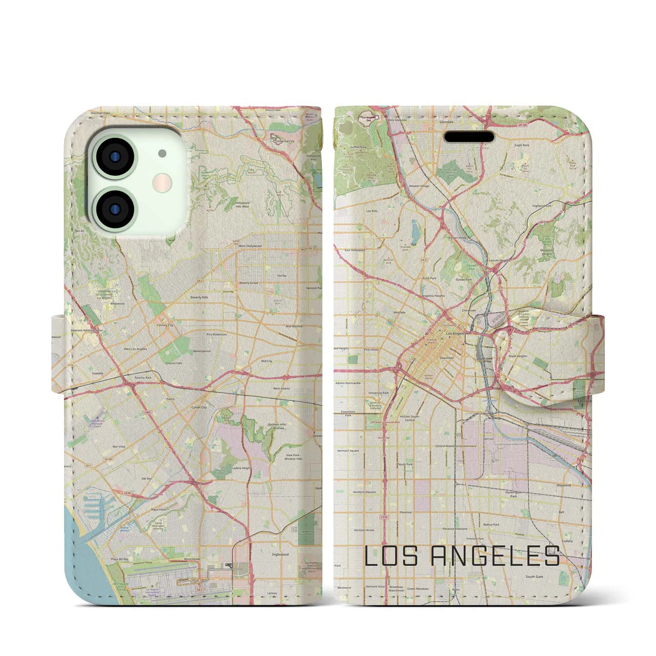 【ロサンゼルス(アメリカ)】地図柄iPhoneケース(手帳タイプ)ナチュラル・iPhone 12 mini 用
