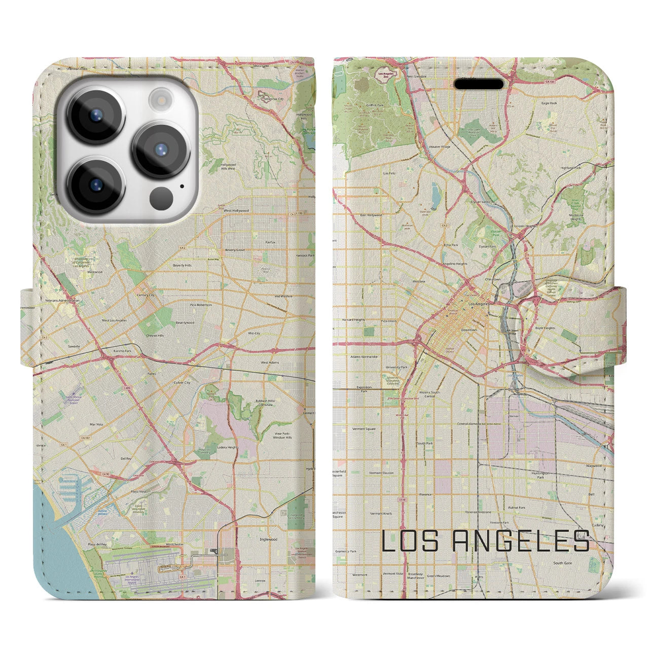 【ロサンゼルス(アメリカ)】地図柄iPhoneケース(手帳タイプ)ナチュラル・iPhone 14 Pro 用