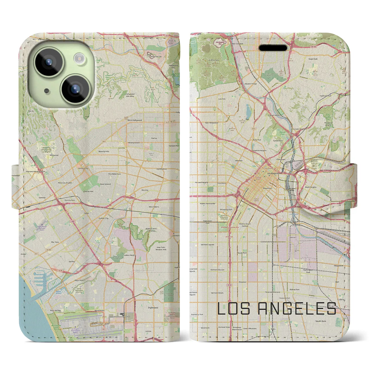 【ロサンゼルス(アメリカ)】地図柄iPhoneケース(手帳タイプ)ナチュラル・iPhone 15 用