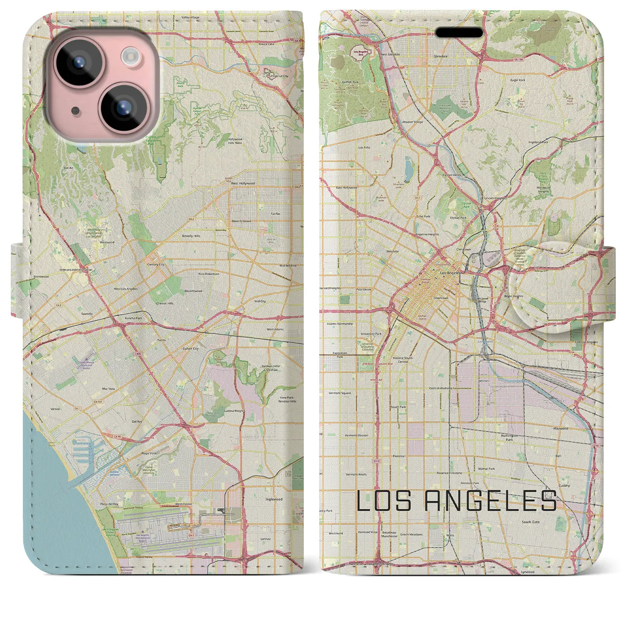 【ロサンゼルス(アメリカ)】地図柄iPhoneケース(手帳タイプ)ナチュラル・iPhone 15 Plus 用