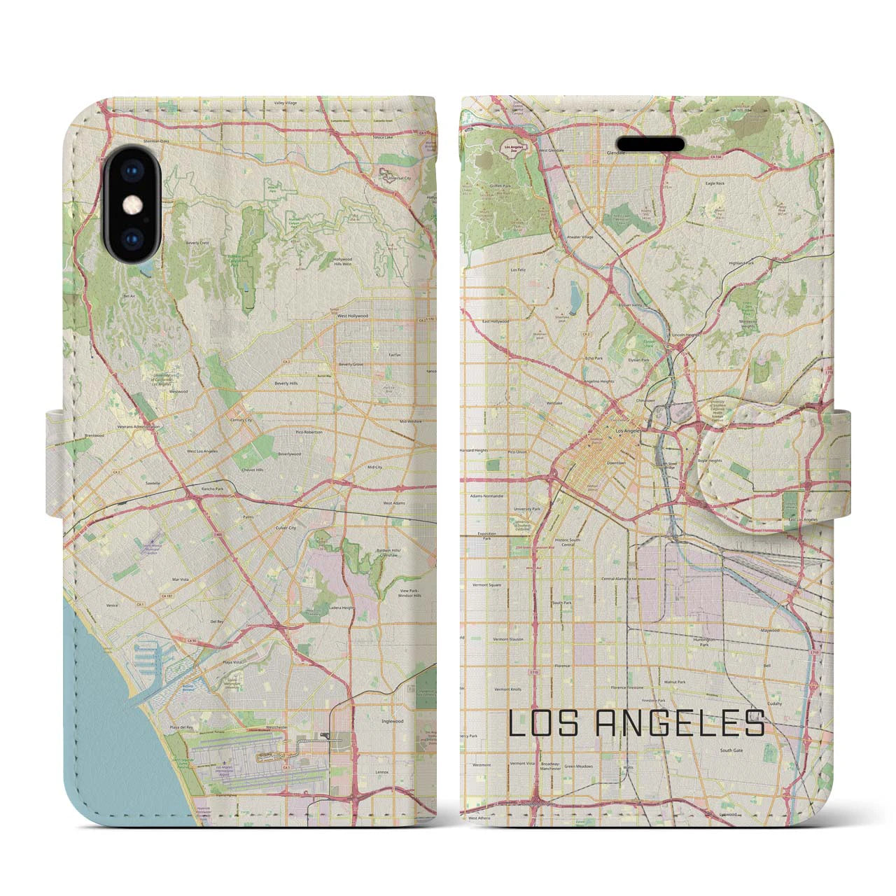 【ロサンゼルス(アメリカ)】地図柄iPhoneケース(手帳タイプ)ナチュラル・iPhone XS / X 用