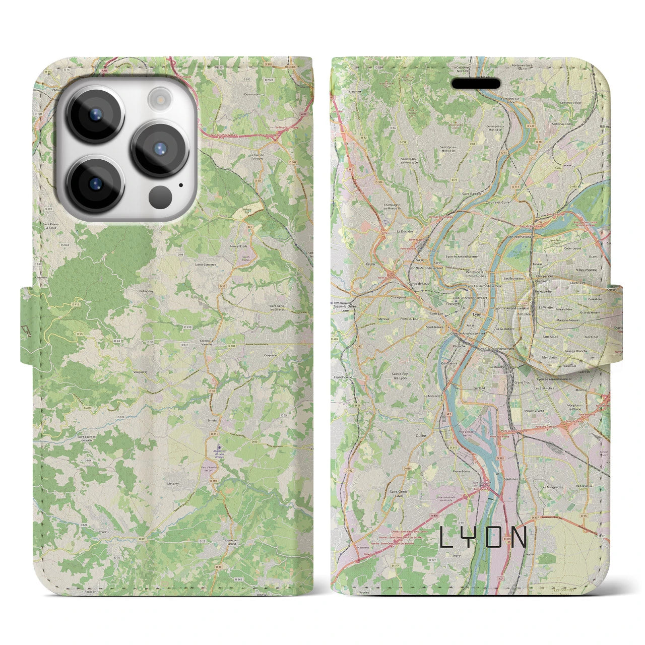 【リヨン(フランス)】地図柄iPhoneケース(手帳タイプ)ナチュラル・iPhone 14 Pro 用