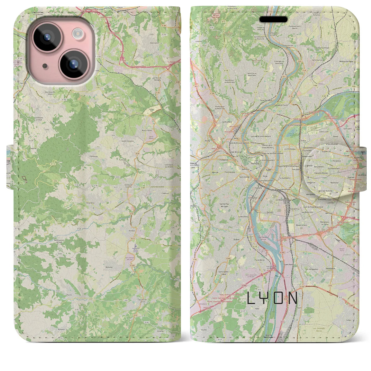 【リヨン(フランス)】地図柄iPhoneケース(手帳タイプ)ナチュラル・iPhone 15 Plus 用