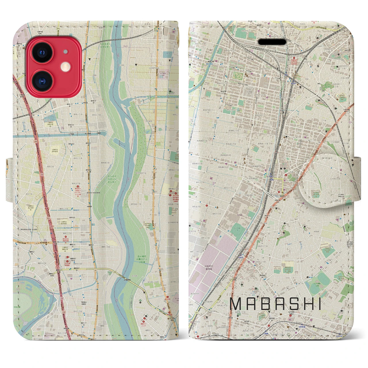 【馬橋(千葉県)】地図柄iPhoneケース(手帳タイプ)ナチュラル・iPhone 11 用