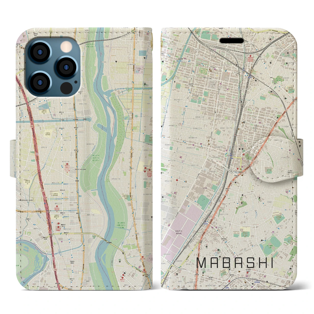 【馬橋(千葉県)】地図柄iPhoneケース(手帳タイプ)ナチュラル・iPhone 12 / 12 Pro 用