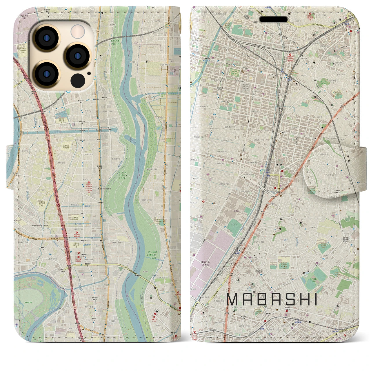 【馬橋(千葉県)】地図柄iPhoneケース(手帳タイプ)ナチュラル・iPhone 12 Pro Max 用