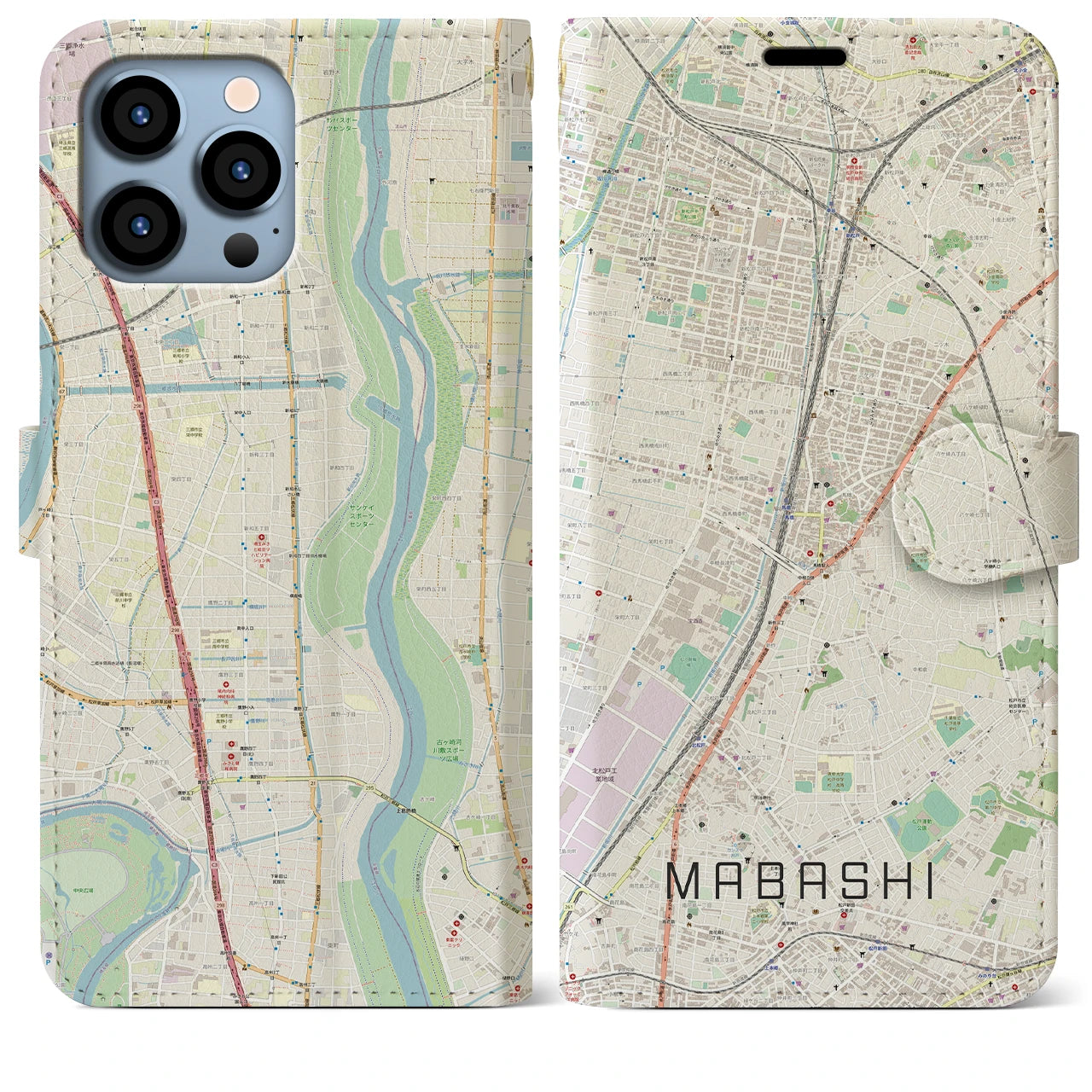 【馬橋(千葉県)】地図柄iPhoneケース(手帳タイプ)ナチュラル・iPhone 13 Pro Max 用