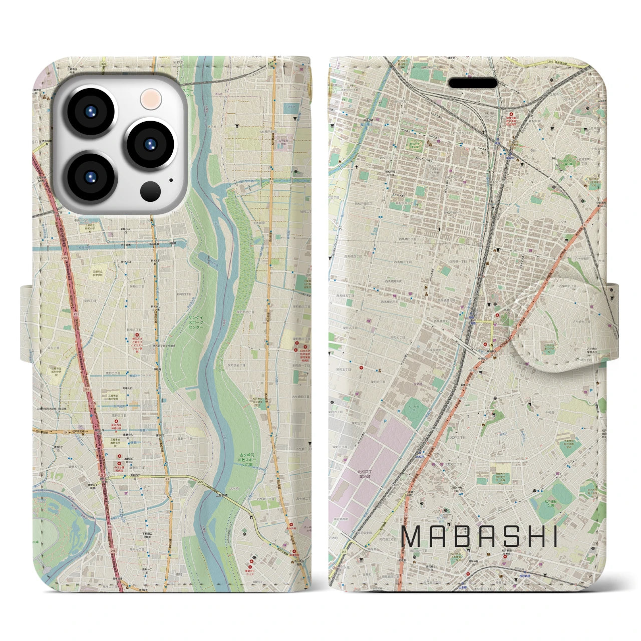 【馬橋(千葉県)】地図柄iPhoneケース(手帳タイプ)ナチュラル・iPhone 13 Pro 用