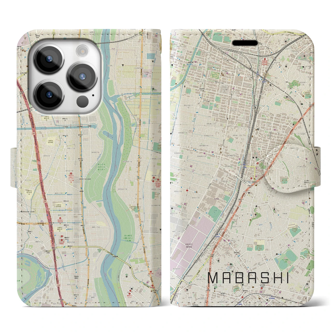 【馬橋(千葉県)】地図柄iPhoneケース(手帳タイプ)ナチュラル・iPhone 14 Pro 用