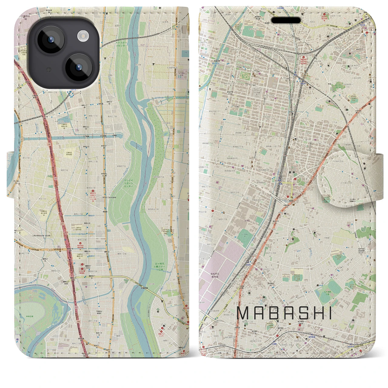 【馬橋(千葉県)】地図柄iPhoneケース(手帳タイプ)ナチュラル・iPhone 14 Plus 用
