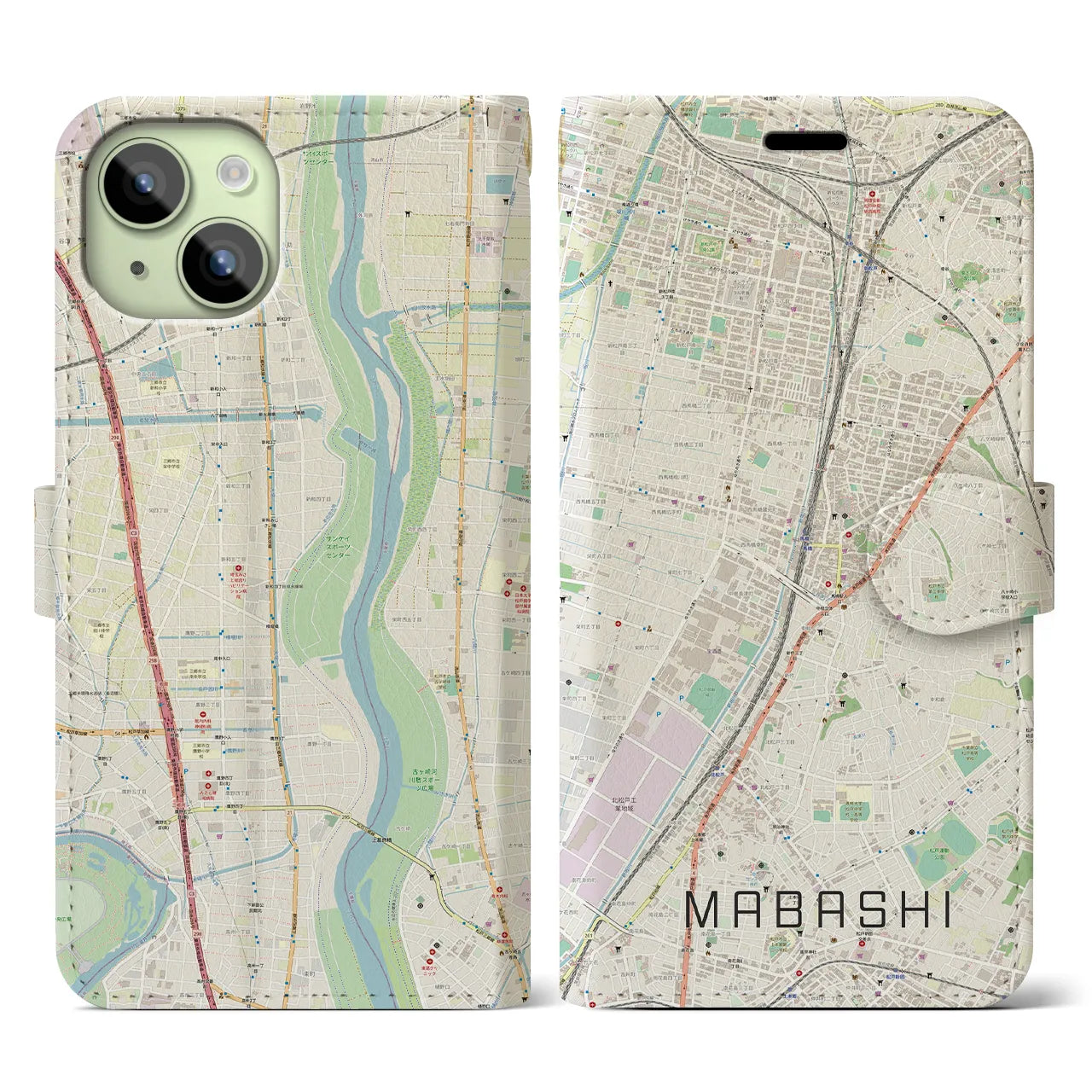 【馬橋(千葉県)】地図柄iPhoneケース(手帳タイプ)ナチュラル・iPhone 15 用