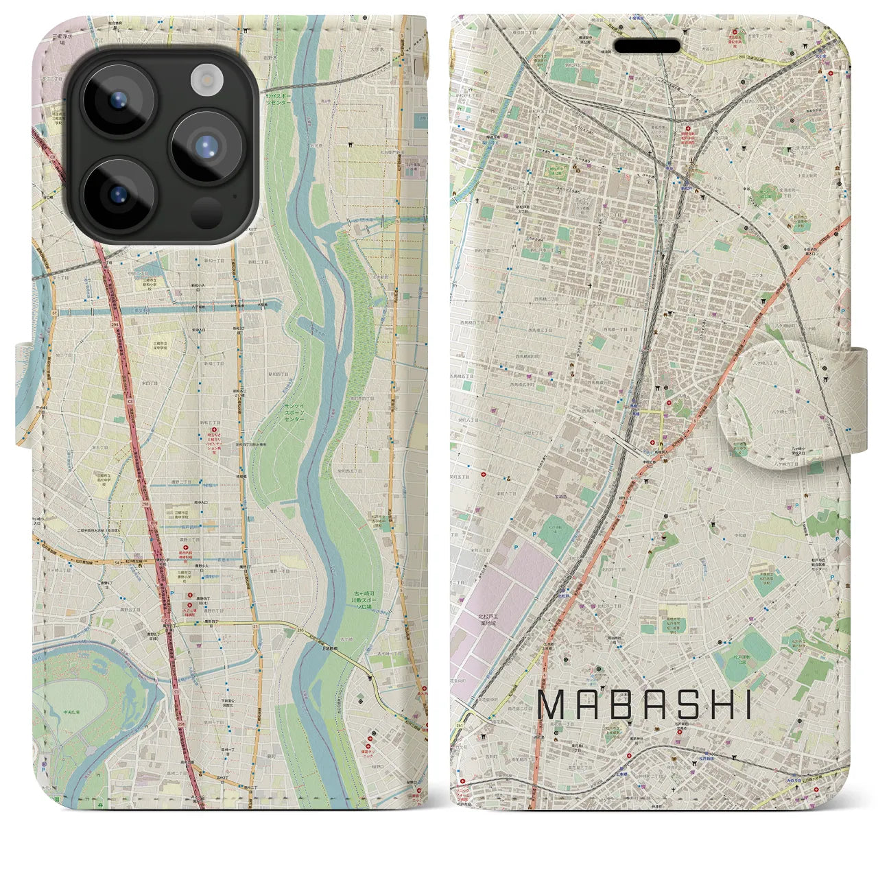 【馬橋(千葉県)】地図柄iPhoneケース(手帳タイプ)ナチュラル・iPhone 15 Pro Max 用