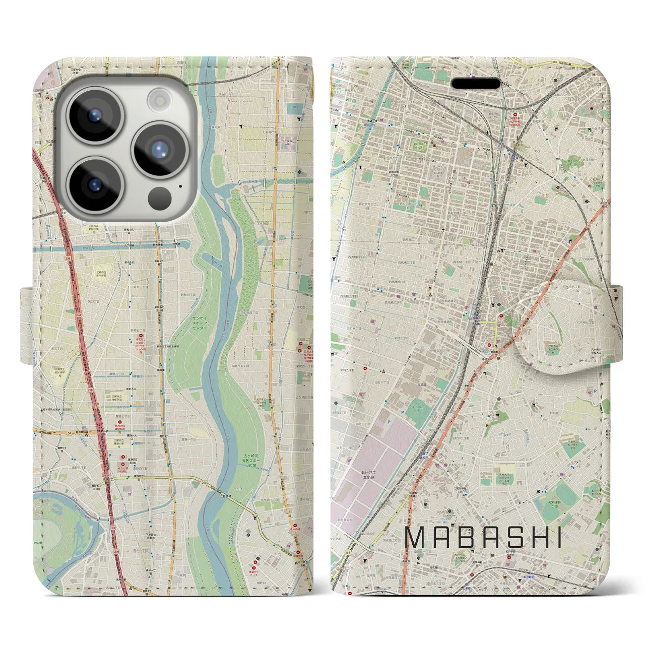 【馬橋(千葉県)】地図柄iPhoneケース(手帳タイプ)ナチュラル・iPhone 15 Pro 用