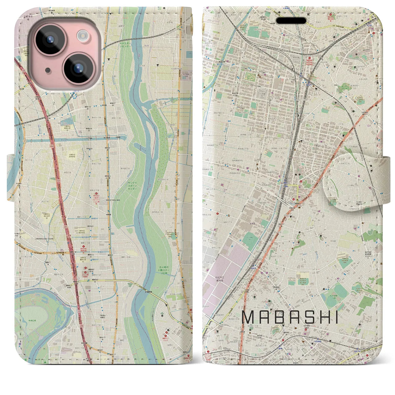 【馬橋(千葉県)】地図柄iPhoneケース(手帳タイプ)ナチュラル・iPhone 15 Plus 用