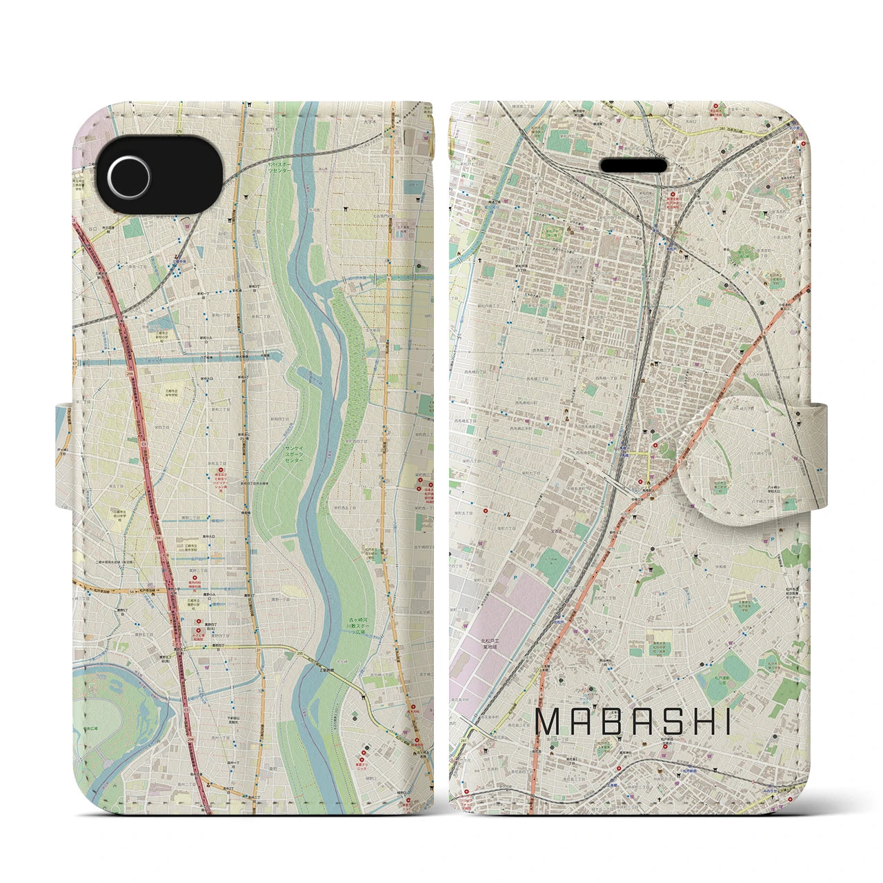 【馬橋(千葉県)】地図柄iPhoneケース(手帳タイプ)ナチュラル・iPhone SE(第3 / 第2世代) / 8 / 7 / 6s / 6 用