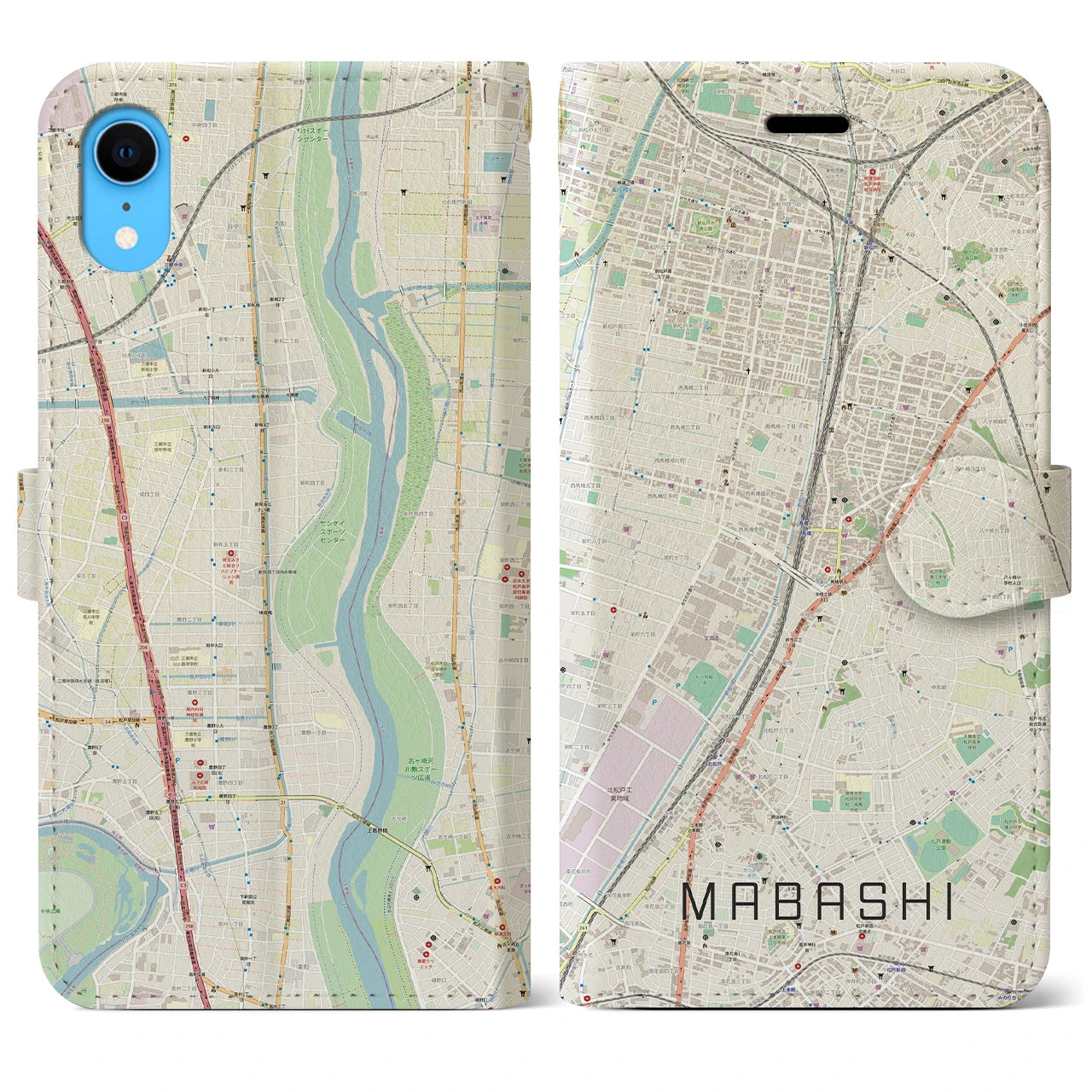 【馬橋(千葉県)】地図柄iPhoneケース(手帳タイプ)ナチュラル・iPhone XR 用