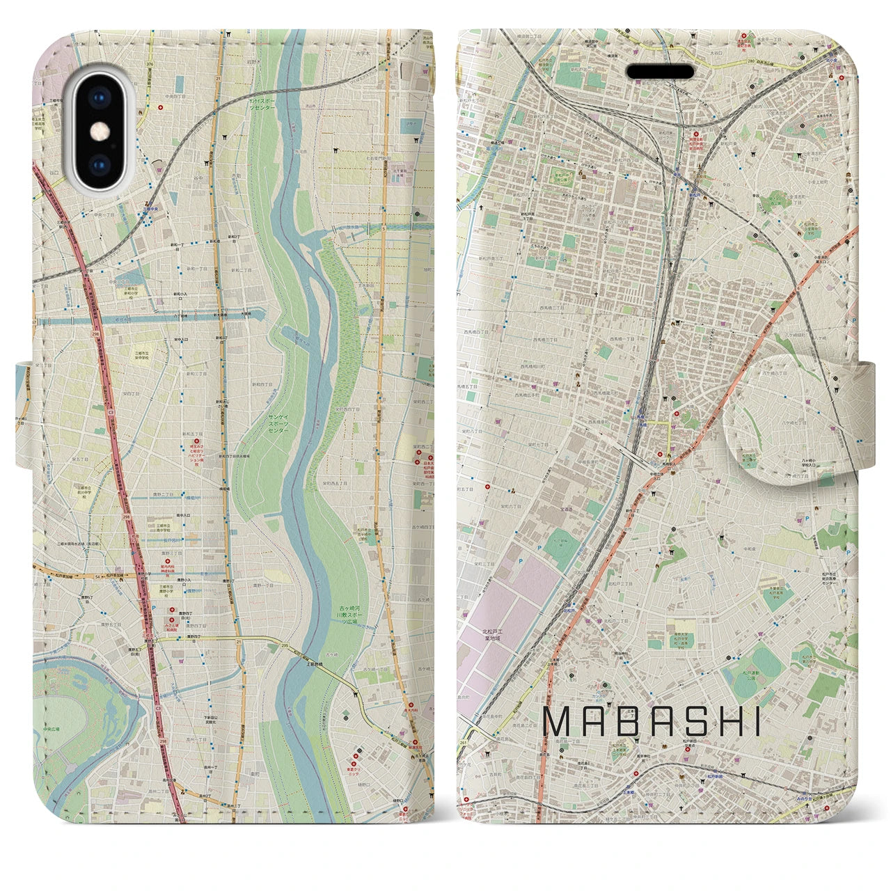 【馬橋(千葉県)】地図柄iPhoneケース(手帳タイプ)ナチュラル・iPhone XS Max 用