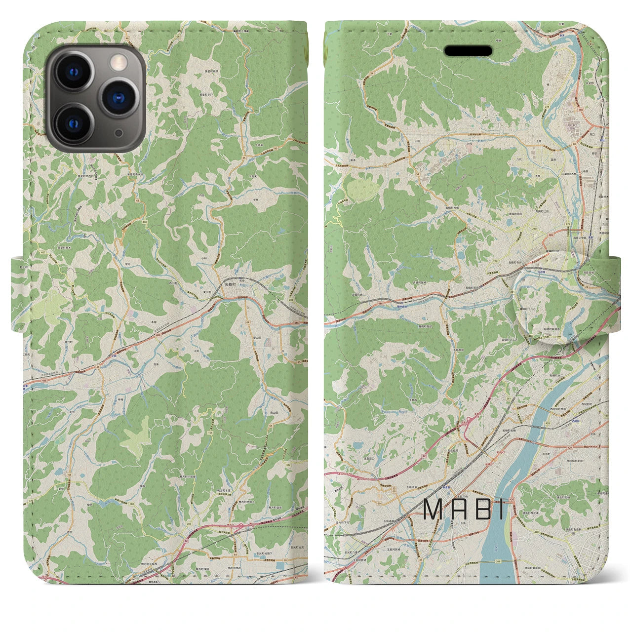【真備(岡山県)】地図柄iPhoneケース(手帳タイプ)ナチュラル・iPhone 11 Pro Max 用
