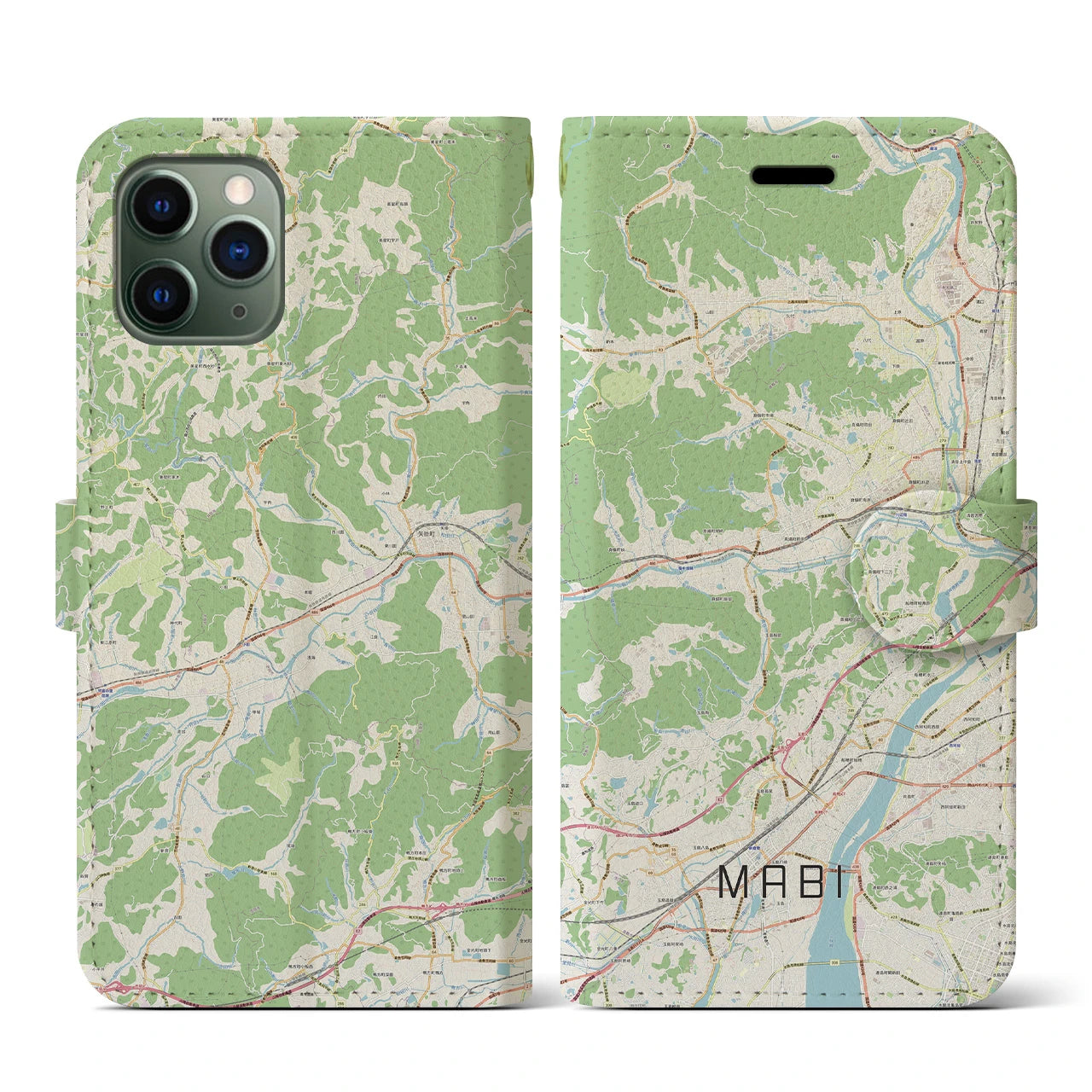 【真備(岡山県)】地図柄iPhoneケース(手帳タイプ)ナチュラル・iPhone 11 Pro 用