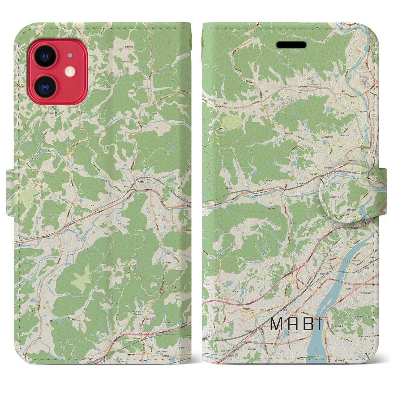【真備(岡山県)】地図柄iPhoneケース(手帳タイプ)ナチュラル・iPhone 11 用
