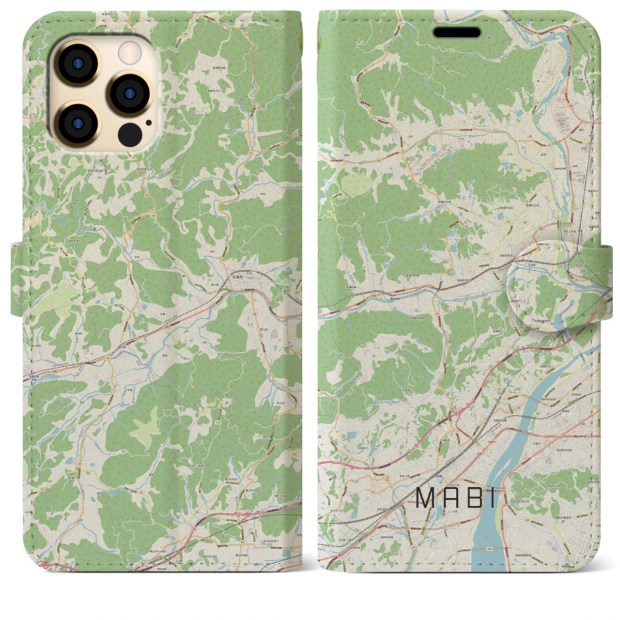 【真備(岡山県)】地図柄iPhoneケース(手帳タイプ)ナチュラル・iPhone 12 Pro Max 用