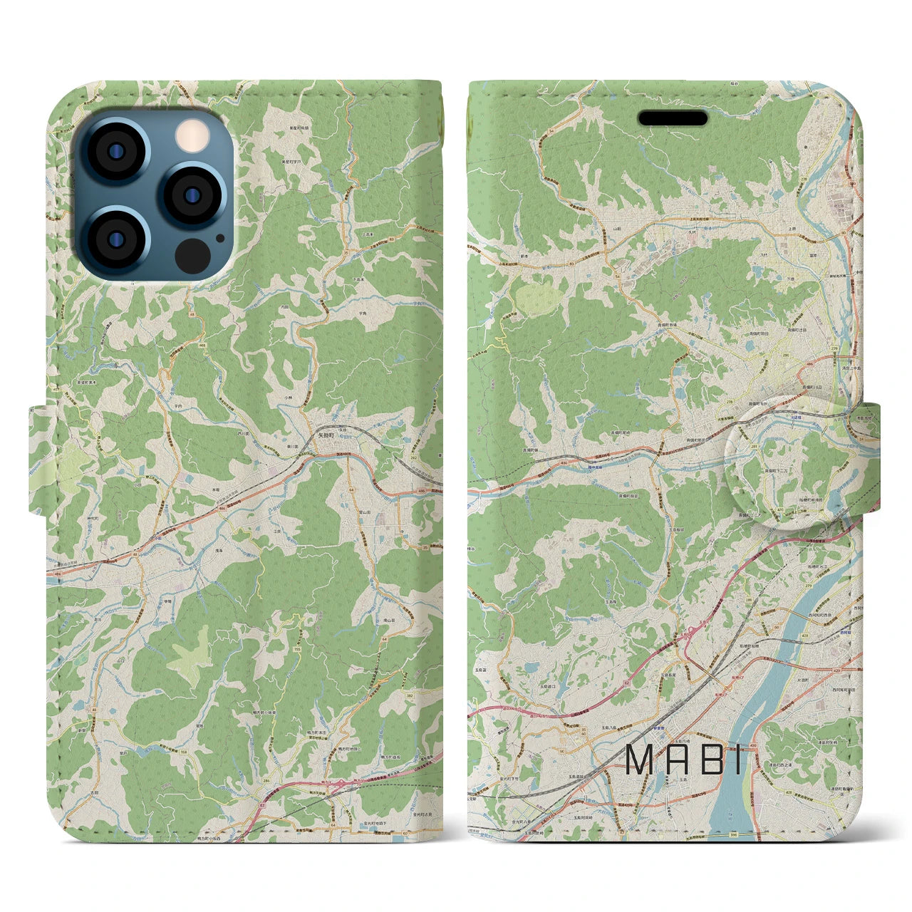 【真備(岡山県)】地図柄iPhoneケース(手帳タイプ)ナチュラル・iPhone 12 / 12 Pro 用