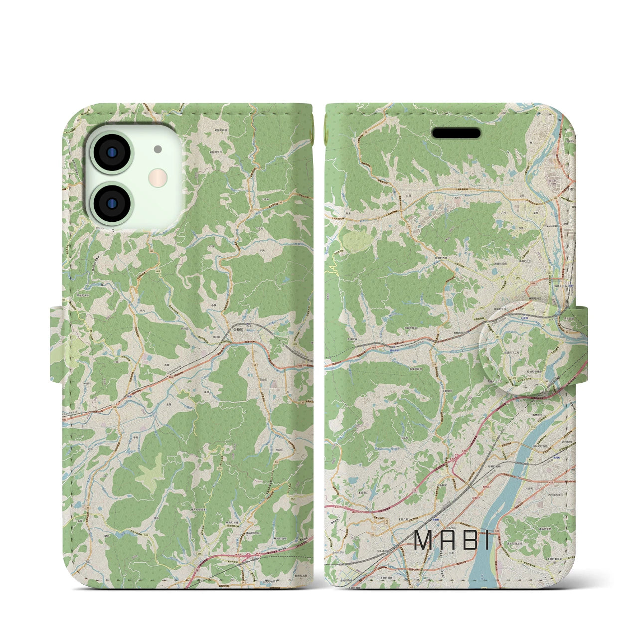 【真備(岡山県)】地図柄iPhoneケース(手帳タイプ)ナチュラル・iPhone 12 mini 用