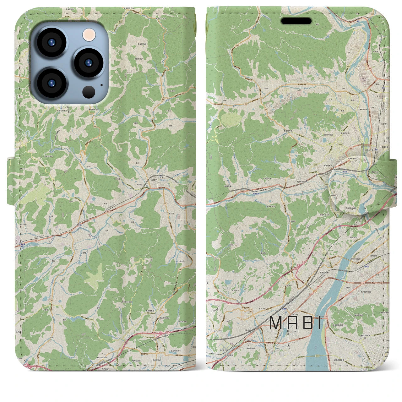 【真備(岡山県)】地図柄iPhoneケース(手帳タイプ)ナチュラル・iPhone 13 Pro Max 用