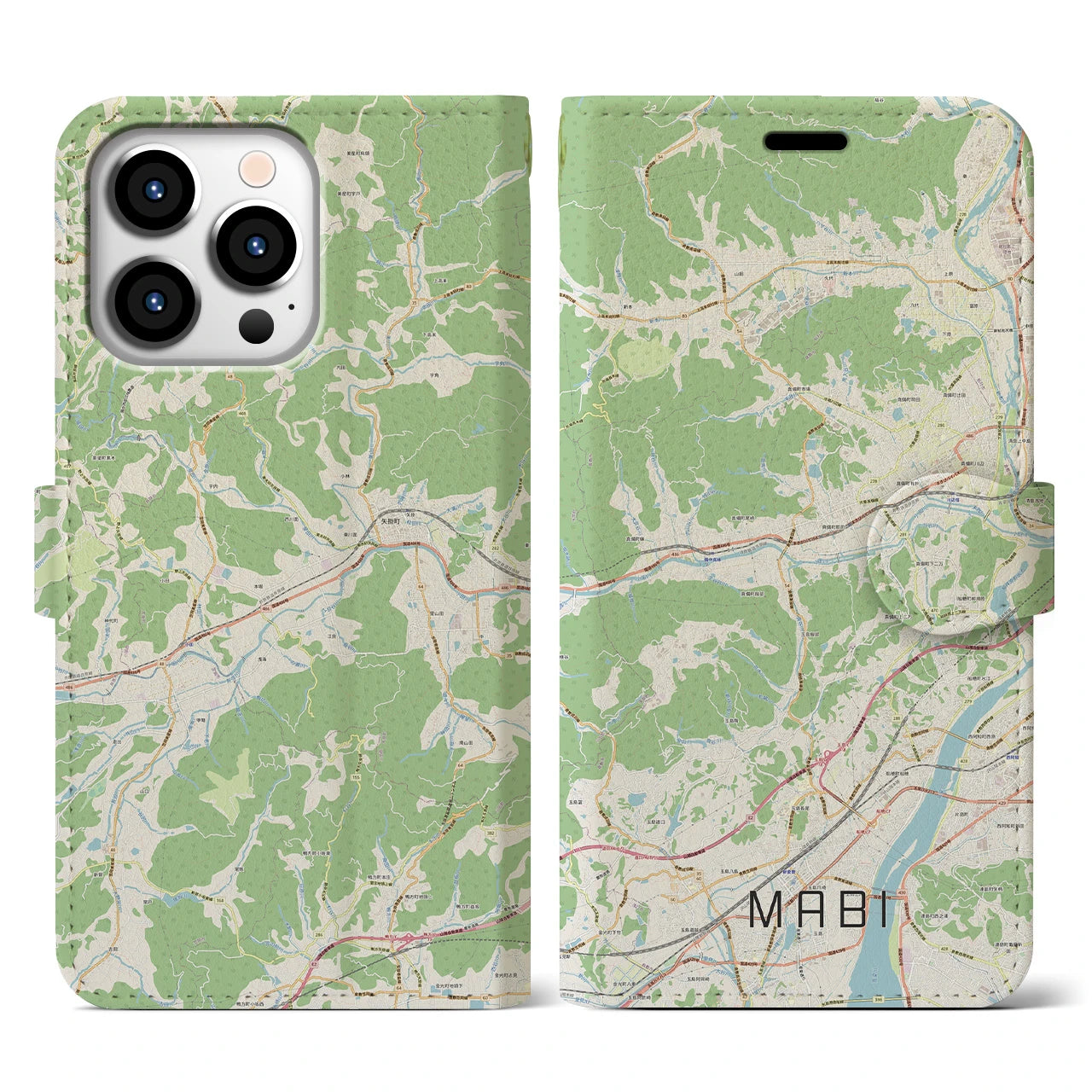 【真備(岡山県)】地図柄iPhoneケース(手帳タイプ)ナチュラル・iPhone 13 Pro 用