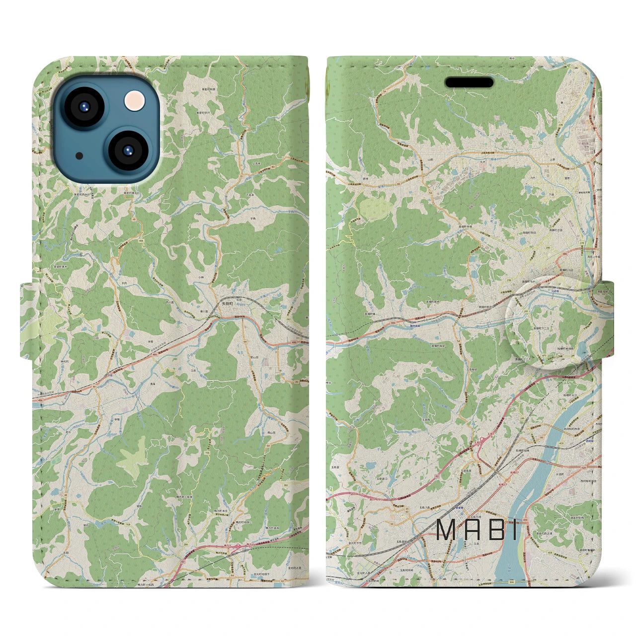 【真備(岡山県)】地図柄iPhoneケース(手帳タイプ)ナチュラル・iPhone 13 用