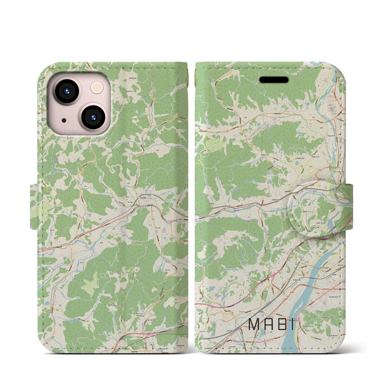 【真備(岡山県)】地図柄iPhoneケース(手帳タイプ)ナチュラル・iPhone 13 mini 用