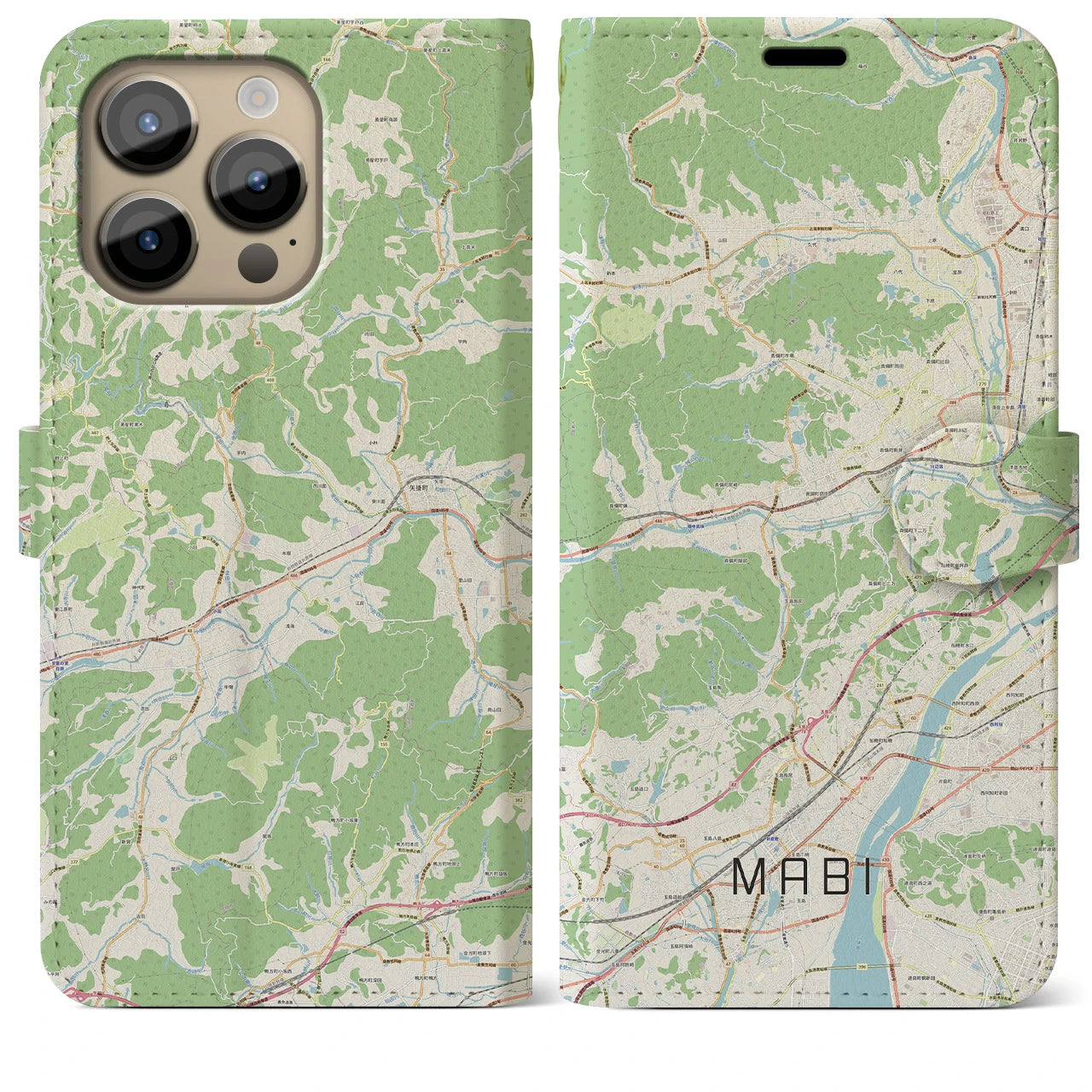 【真備(岡山県)】地図柄iPhoneケース(手帳タイプ)ナチュラル・iPhone 14 Pro Max 用