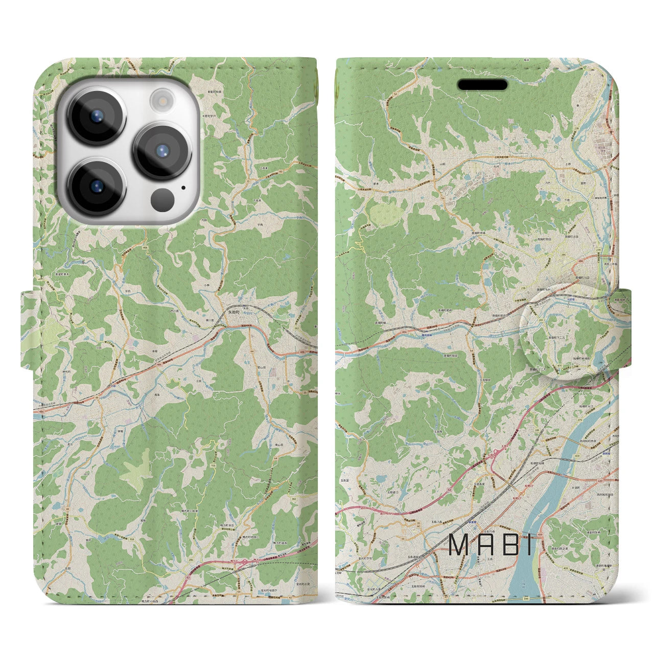 【真備(岡山県)】地図柄iPhoneケース(手帳タイプ)ナチュラル・iPhone 14 Pro 用