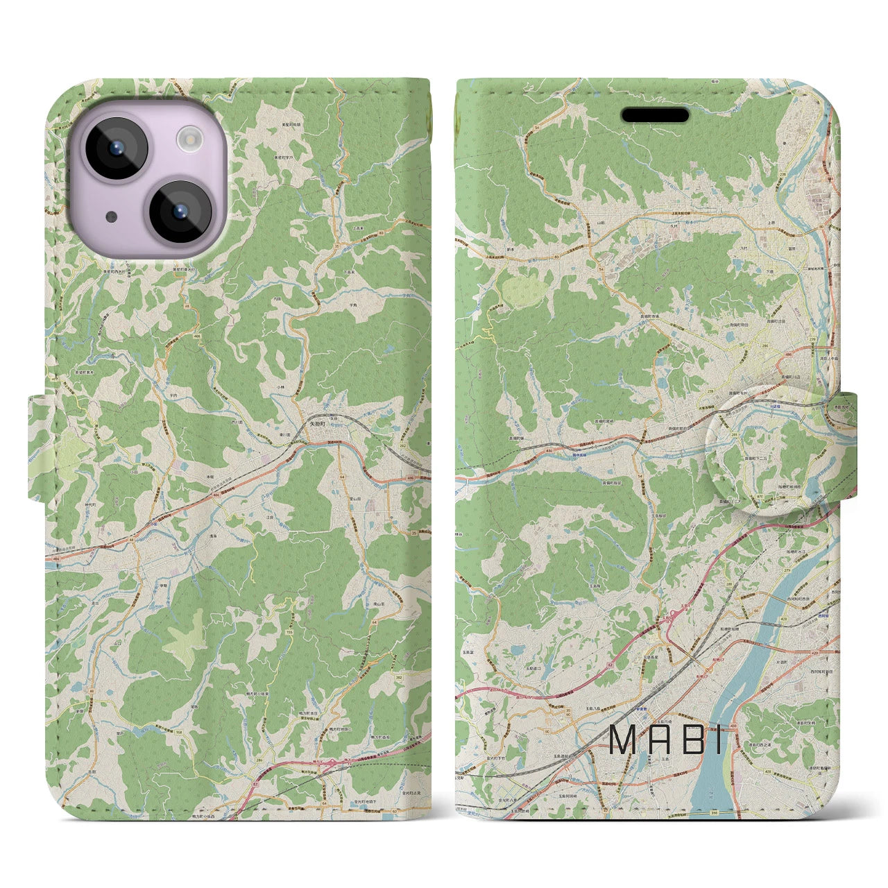 【真備(岡山県)】地図柄iPhoneケース(手帳タイプ)ナチュラル・iPhone 14 用