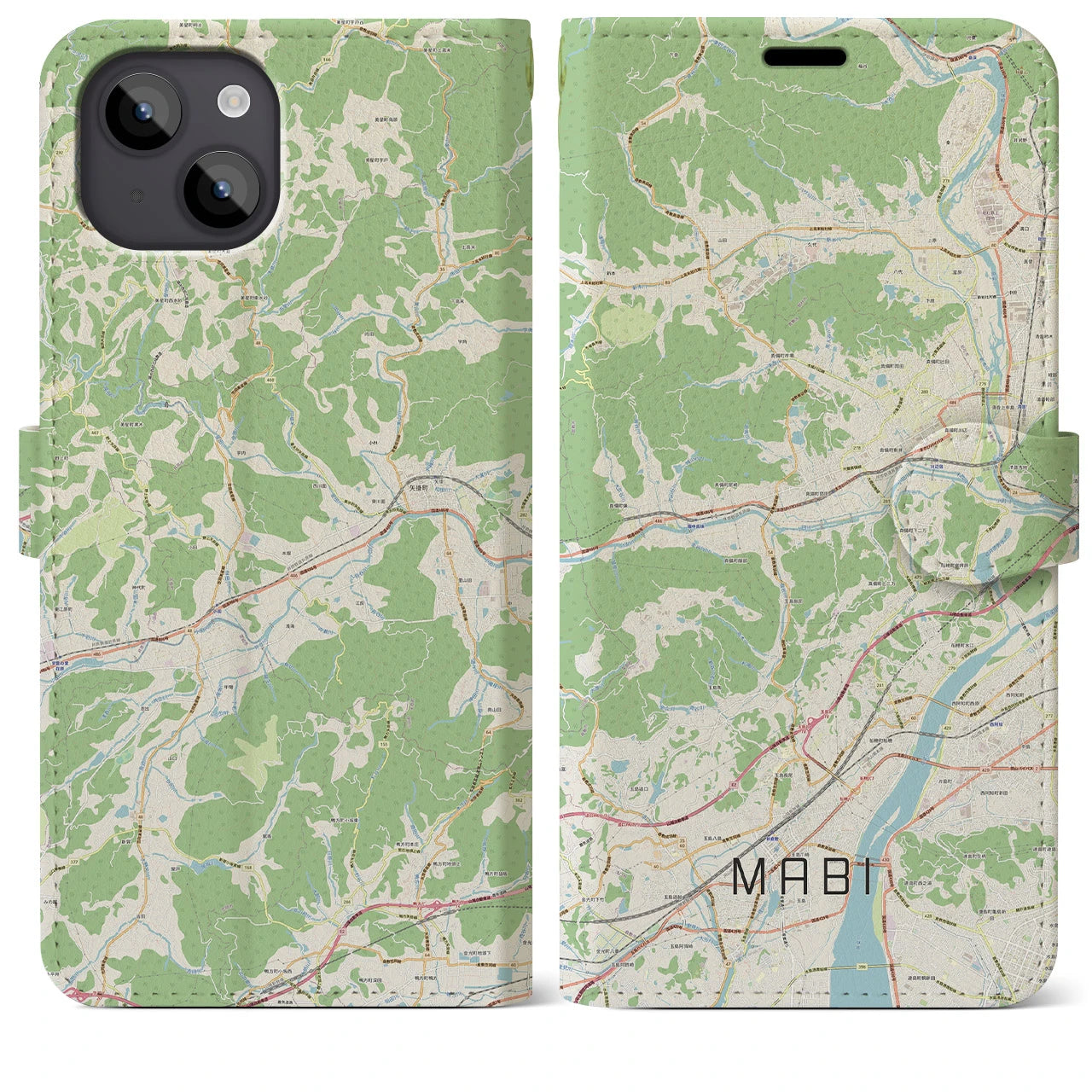 【真備(岡山県)】地図柄iPhoneケース(手帳タイプ)ナチュラル・iPhone 14 Plus 用