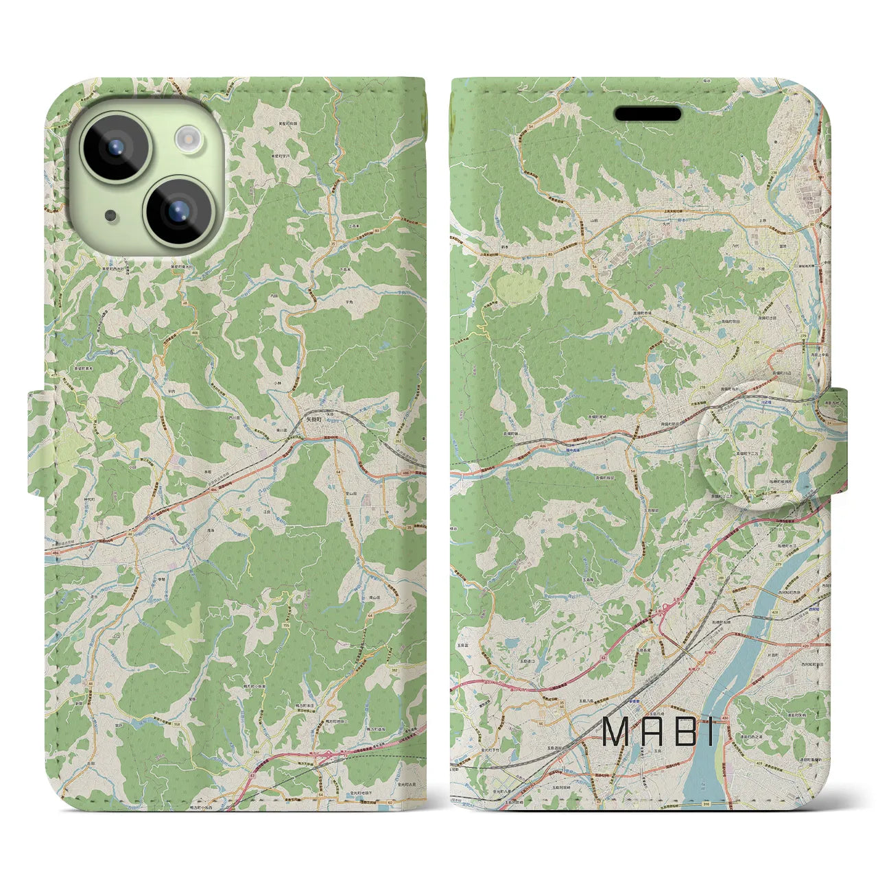 【真備(岡山県)】地図柄iPhoneケース(手帳タイプ)ナチュラル・iPhone 15 用